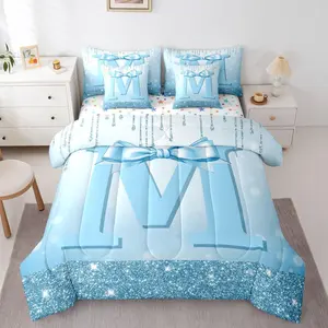 Kids Blue Bowknot 7 Pieces Bedding Set,Teens Girls Princess Initial Comforter Bed Set with Sheets,Monogrammed Glitter Bow Bed Bag,Personalized Bed Set