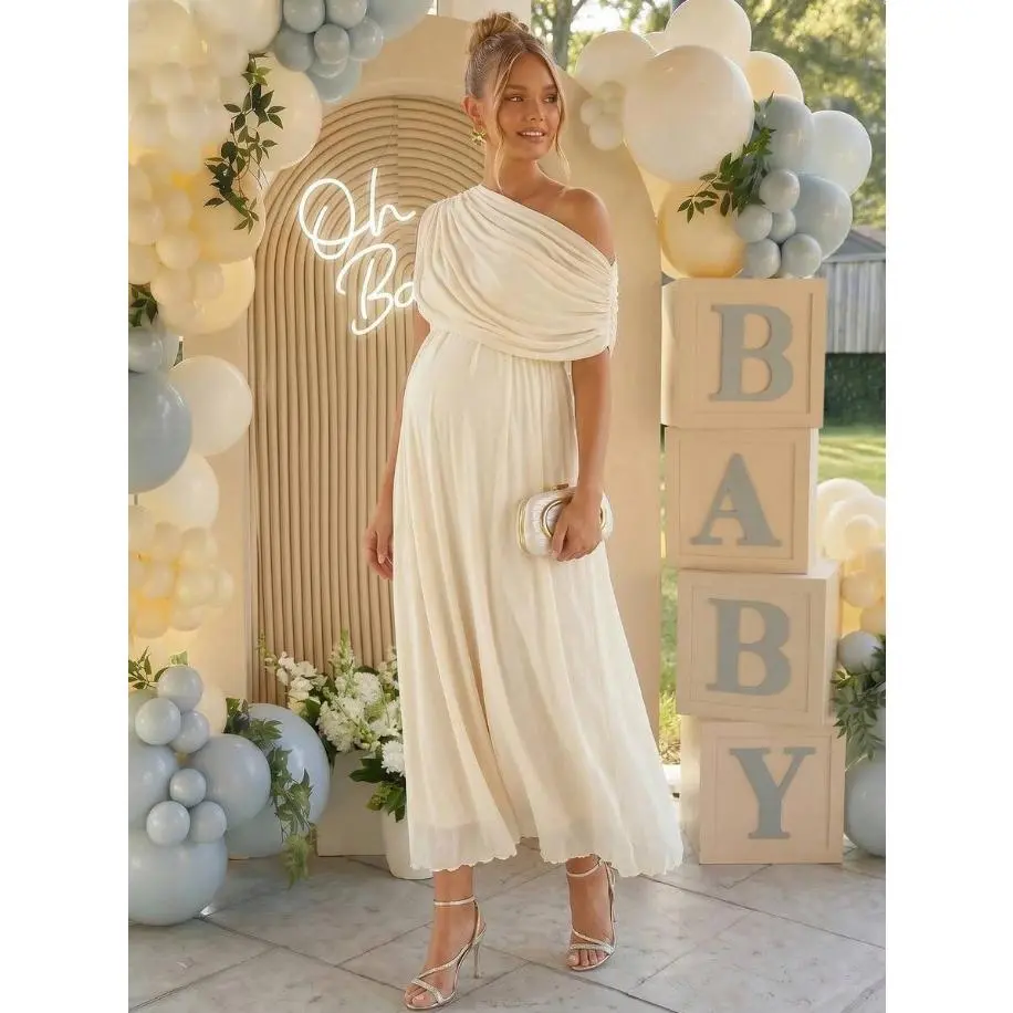 JOCASTAA Maternity Solid Color Asymmetric Shoulder Pleated Elegant Dress Dress Gender Reveal Dress Maternity Dress Baby Shower Dress