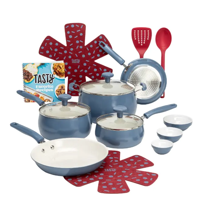 Tasty Clean Ceramic 16 Piece Non-Stick Aluminum Cookware Set, Slate Blue