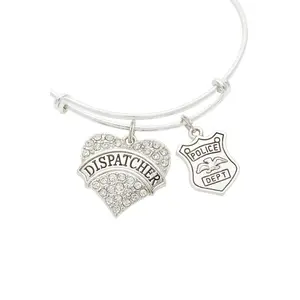 Dispatcher Bangle Bracelet – Silver Adjustable Bracelet with Crystal Heart Charm and Police Badge Pendant