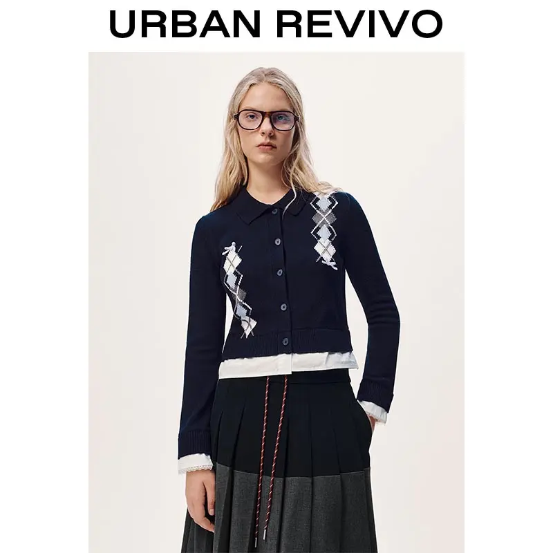 URBAN REVIVO Women's 2-in-1 Knitwear Asymmetrical Top - Longsleeve Argyle Print Cardigan, Elegant Casual Fashionable Top, Cold Wash Compatible, UYL950265, 2-In-1 Knit Tops