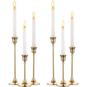 Gold Brass Taper Candle Holders - 6-Piece Multi-Size Classic Slim Heavyweight Set, 2 Antique Vintage Modern Candlesticks, Home Decor for Table Mantel Centerpiece, Wedding Gifts