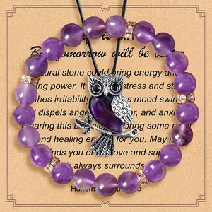 Natural Amethyst Owl Necklace and Natural Amethyst Bracelet with Blessing Card, Better Tomorrow, Best Christmas Gift for Friends and Family