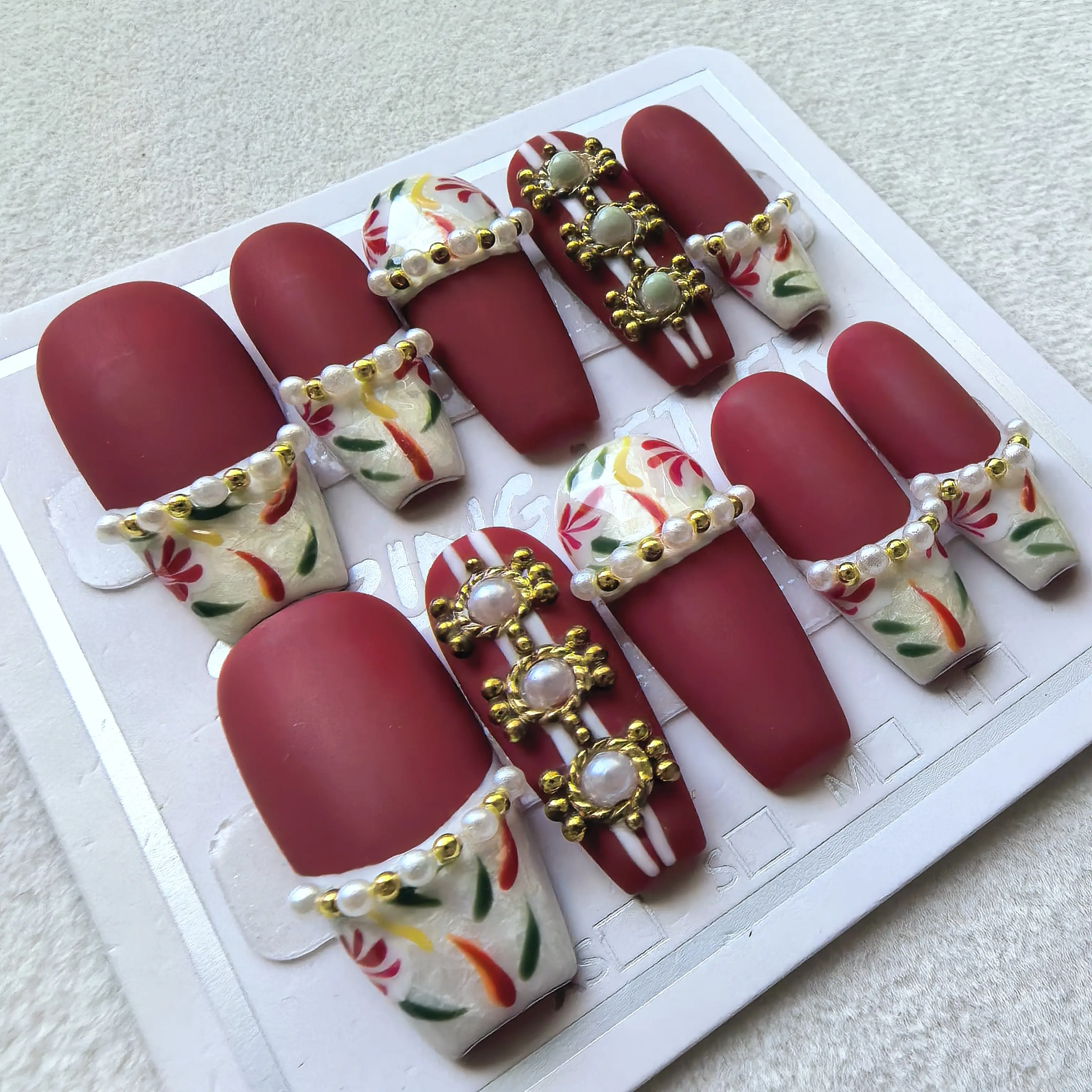 CRIMSON PEARL-Long Coffin Handmade Press On Nails Matte Brick Red Hand-Painted Floral  Reusable 10pcs Free Kit SPRINGLETTER NAILS