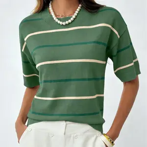 2026 Spring/Summer Women's Short Sleeve Striped Sweatshirt - Soft Breathable Fabric Crew Neck Pullover Top for Daily Wear