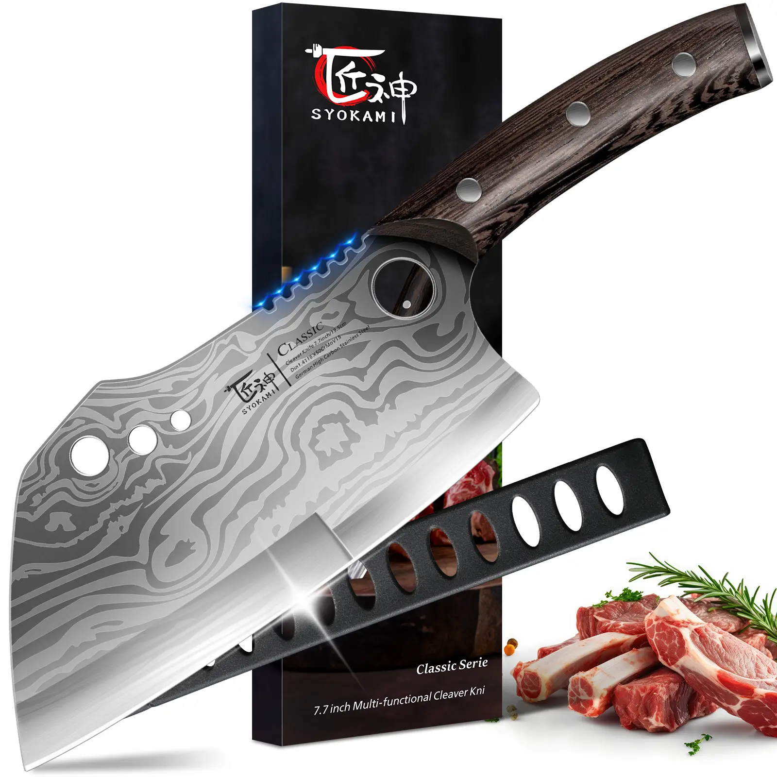 【DealsForYouDays】 SYOKAMI 7.7 Inch Meat Cleaver Chef Knife with Sheath, Multifunction Butcher Knife with Herb Stripper, Chopping Knife Heavy Duty Bone Cutting, Damascus Pattern Full Tang Wood Handle, Christmas Mother's Day Gifts