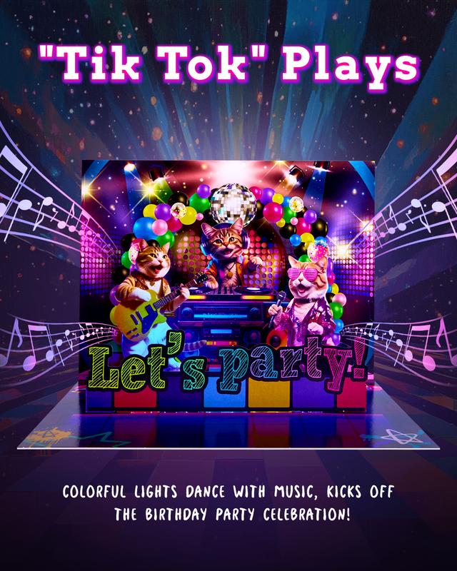 3D Pop-Up Musical Birthday Card with Rock Cats Design, Tik Tok Song and Flashing Lights, Surprise Gift for All Ages, Special Gift for Special One
