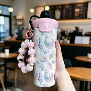 600ML Insulated Tumbler with Straw, Pearl Bead Bracelet, Shell Print, Stainless Steel, Leak-Proof, Keeps Cold & Hot, Fashion Gift for Women