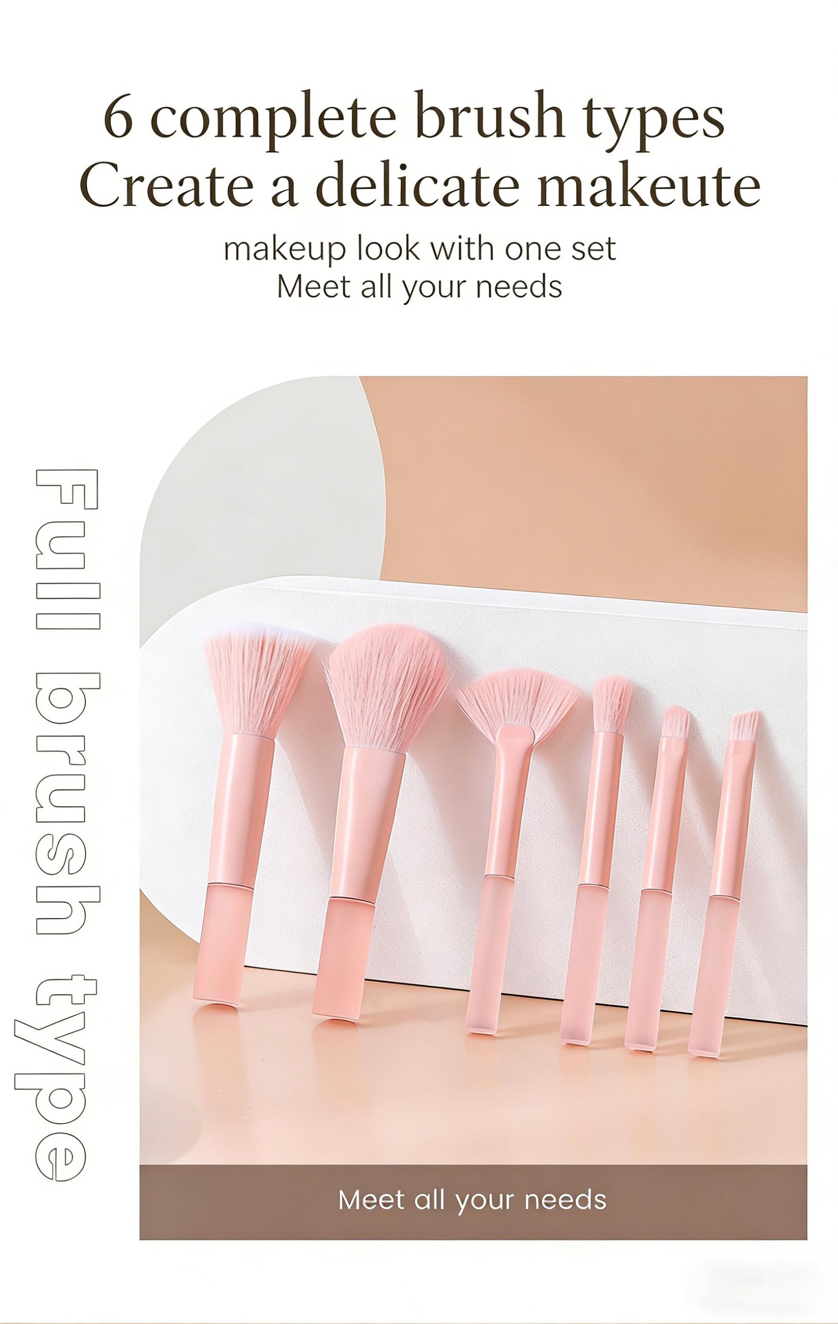 6Pcs Candy Makeup Brush Set Soft Bristles - Powder, Blush, Highlight, Eyeshadow, Concealer & Brow Brushes