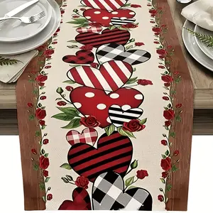 Valentine's Day Red Heart Ethnic Table Runner Durable Polyester Floral & Heart Design Ideal for Wedding Parties Kitchen Decor