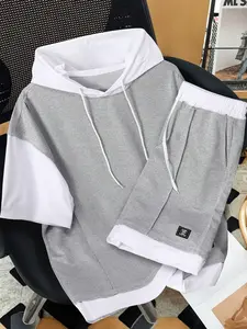 American Short Sleeve Patchwork Twill Hoodie, Casual Patchwork Shorts Set, Fashion Street Training, All Seasons Wear, Fitted