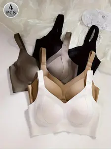 Women's Elegant Underwear Set, 4 Seamless Wireless Comfort Bras, Adjustable Back Hook Design, Daily Wear Essential, All Seasons, Soft Comfy Bra