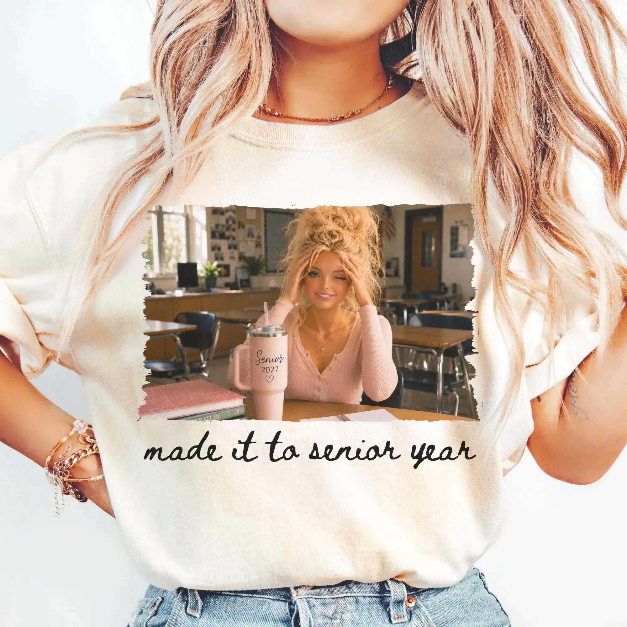 Made it to Senior Year 2027 Doll Face Meme Girls Shirt, Funny Unhinged Doll Distressed High School Senior Sunrise Tee, Class of 2027