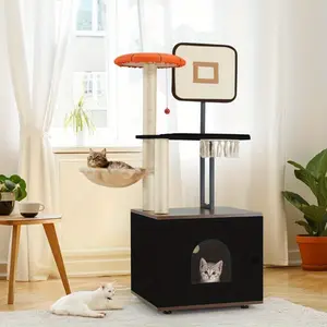 50" Cat Tree with Litter Box Enclosure - Sturdy Cat Furniture for Scratching, Climbing & Hiding, Space-Saving Design, Black