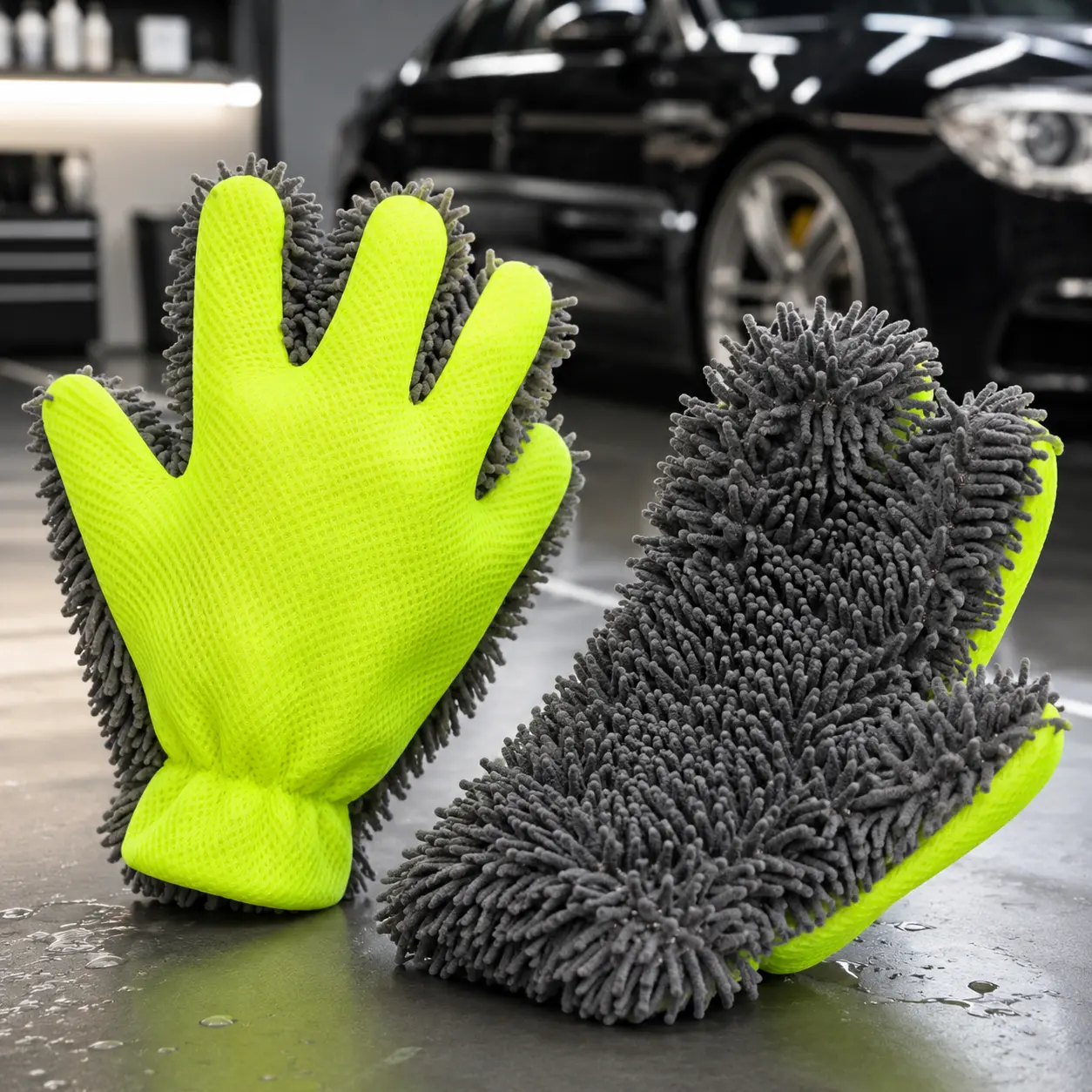 Car Wash Gloves - Bright Green & Gray Microfiber Cleaning Mitts for Vehicle Detailing & Auto Care