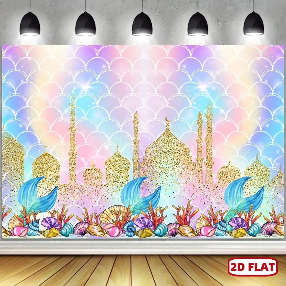 1pc 2D Flat Under The Sea Backdrop, Photoshoot Red Corals Pink Shell Colored Scale Golden Castle Photography Background, Little Mermaid Happy Birthday Party Decorations, Girls Photo Shoot Props Cake Table Banner, Flat Backdrop, Letter Pattern, Polyester C