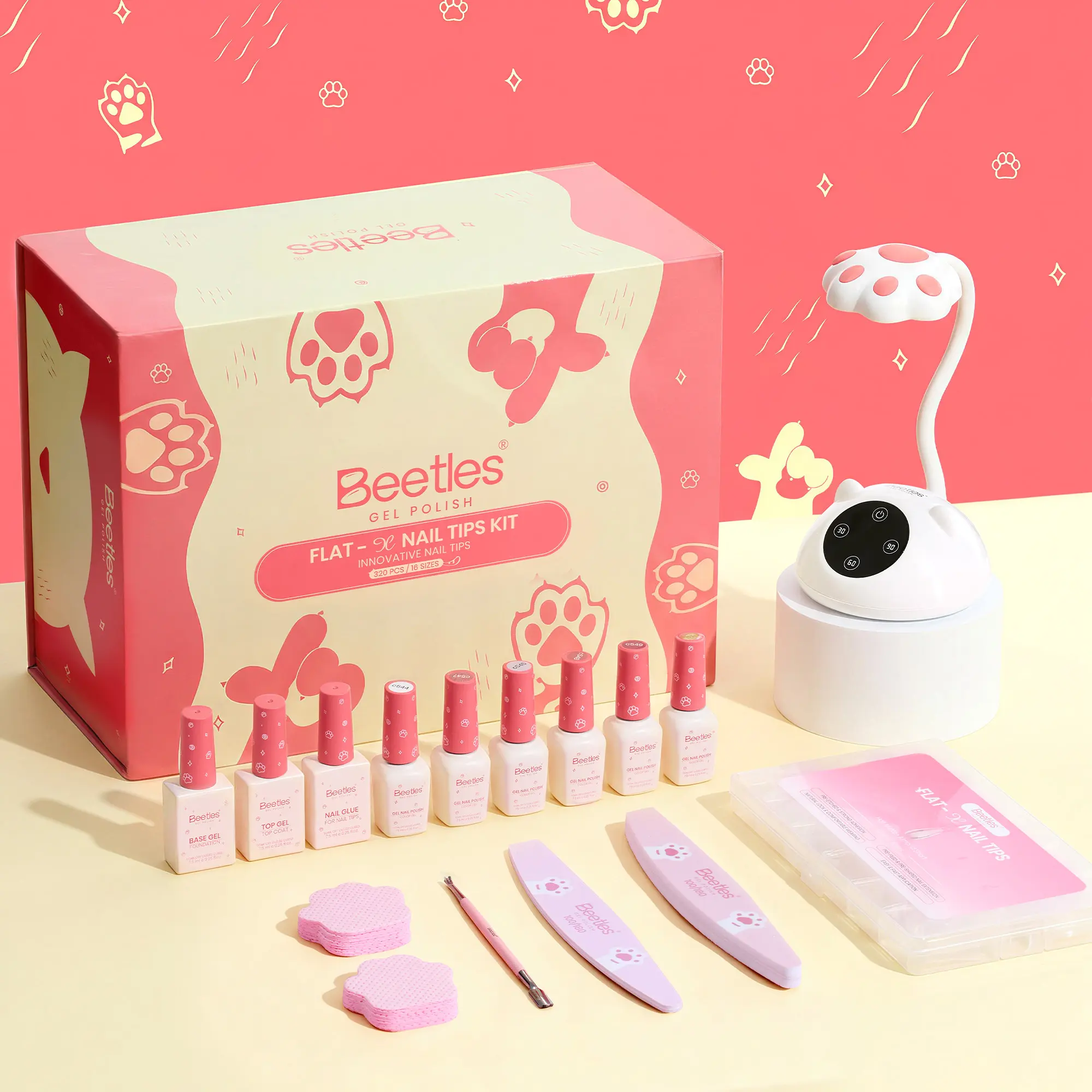 Beetles Flat-X Soft Gel Nail Tips Kit, 320pcs Almond Nail Tips with UV LED Cat Paw Lamp, 6 Gel Colors, Nail Glue, Base & Top Coat, 16 Sizes, DIY Nail Extension Kit
