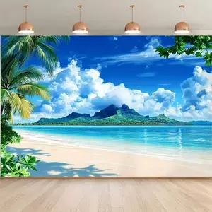 1PC,2D Flat Tropical Beach Coconut Tree Backdrop, Blue Sea, Blue Sky, Distant Mountains, Sunny Beach Green Plants, Photography Decoration, Live Streaming Background, Create a Vacation Atmosphere