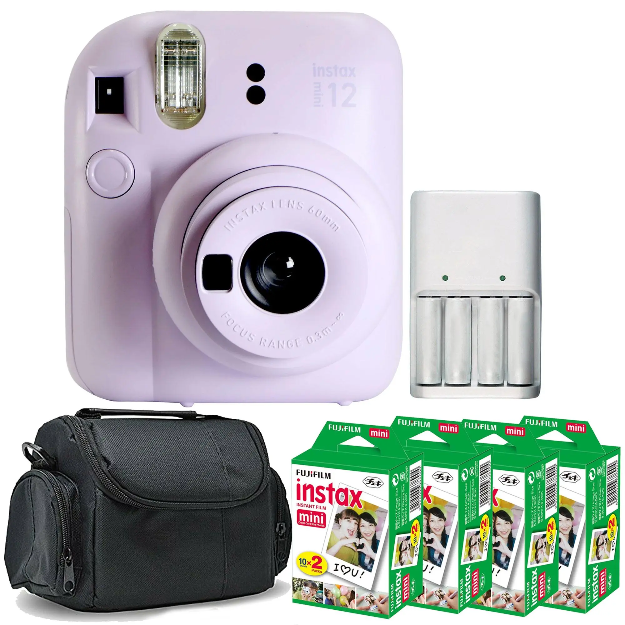 FUJIFILM INSTAX MINI 12 Instant Film Camera (Lilac Purple) with Flash, Selfie Lens, 4x 20-Count MINI Film Packs, Xtreme Power Series 4AA/AAA Rechargeable Batteries & Charger, BePro BC-1 Small Case