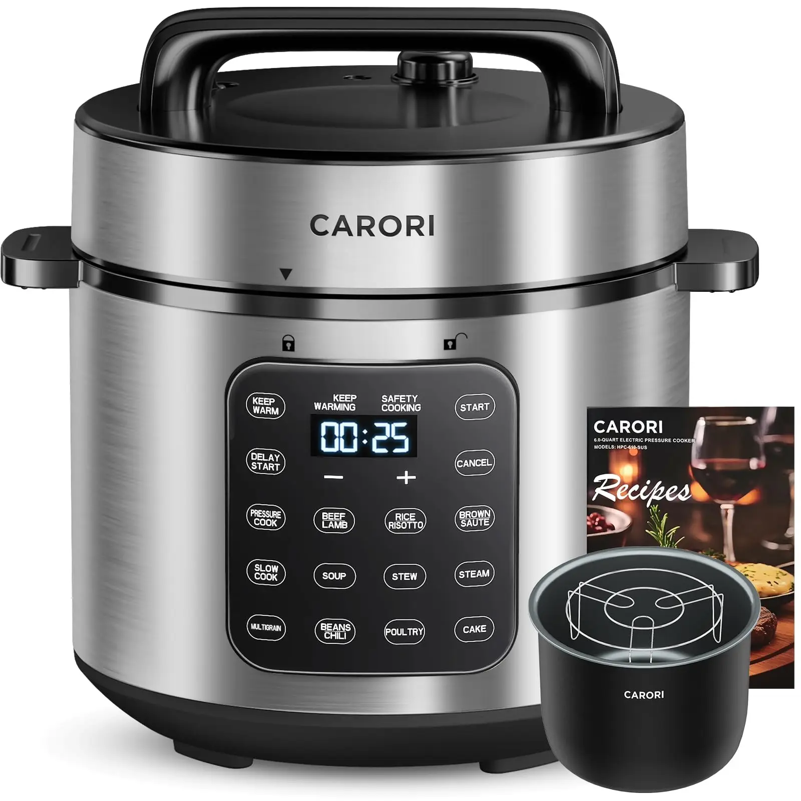 CARORI 9-in-1 Electric Pressure Cooker 6 Qt, Programmable Multi-Function Cooker with Safer Vent, Olla de Presion, Rice Cooker, Slow Cooker, Steamer, S