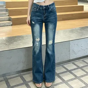 Everyday Gradient Faded Ripped Flare Jeans Multi Knee Shredded Hole Detail