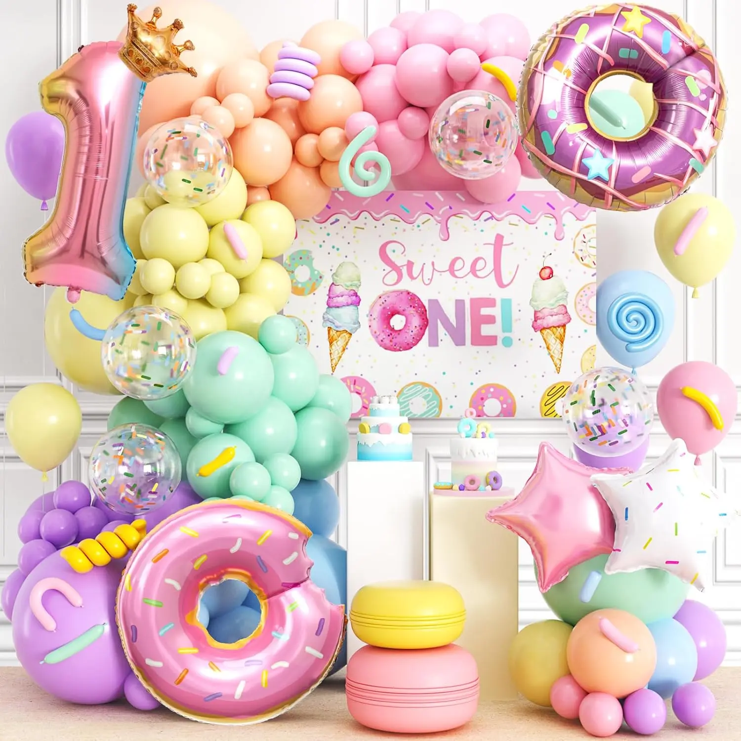 Sweet One Birthday Balloon Decoration Kit 178 Pieces Donut Theme Pastel Arch Set for Party Decor