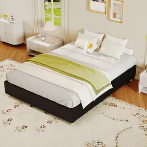 Garvee Full Size Cloud Bed Frame，Corduroy Low Bed Frame Without Headboard, Thick Fabric Upholstered Platform Bed, Solid Wood Legs, No Box Spring Needed, Never Squeak, Easy Assembly, Black