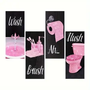 4 pieces of pink glitter bathroom wall decoration wooden letter signs, with a flat printing thickness of 0.11in, wall decoration crafts, home decoration, Bathroom Decorations, suitable for wall hanging in the bathroom, shower parties