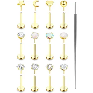 MILACOLATO 14K Plated Gold Threadless Nose Studs for Women Hypoallergenic Surgical Steel Nose Rings Push In Flat back Nose Stud Labret Studs CZ Tragus Helix Piercing Jewelry 16G 18G 20G