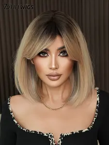 16 Inch Short Straight Wigs for Women, Gorgeous Fluffy Wigs with Bangs, Synthetic Full Machine Wigs for Party, Daily Use, Natural Looking Wig