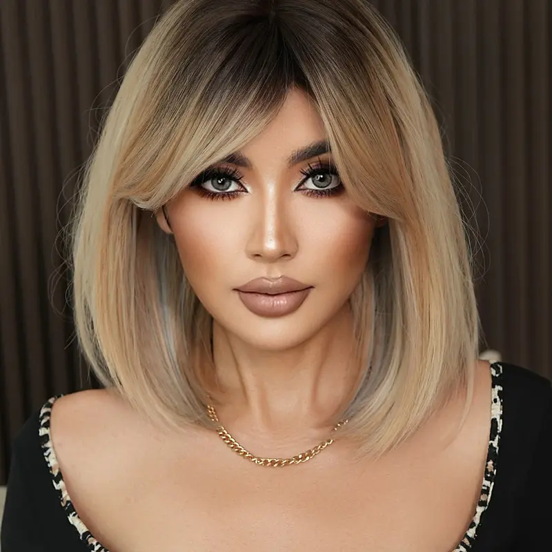 16 Inch Short Straight Wigs for Women, Gorgeous Fluffy Wigs with Bangs Full Machine for Party, Daily Use, Natural Looking Synthetic Fiber Wig