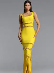 BellaBarnett Shanley Chic Contour Sleeveless Beaded Fringe Bandage Maxi Dress