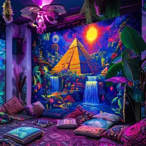 1pc Oversize UV Glow Black Light Tapestry - Nature Dream Pyramid Waterfall Design, Polyester Fluorescent Peach Skin Print, Durable Home Decor for Bedroom, Living Room