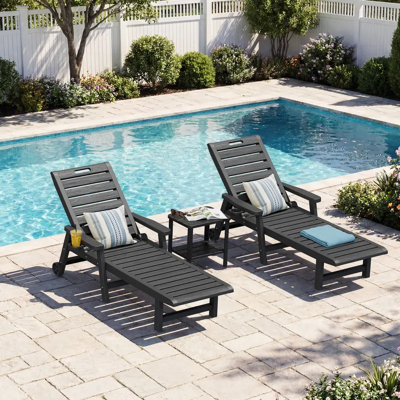 RIWENGO 2-Piece Plastic Reclining Lounger Set, Patio Outdoor Furniture with Wheels, Cup Holder, 5-Position Adjustment, Waterproof, Assembly Required for Pool, Deck