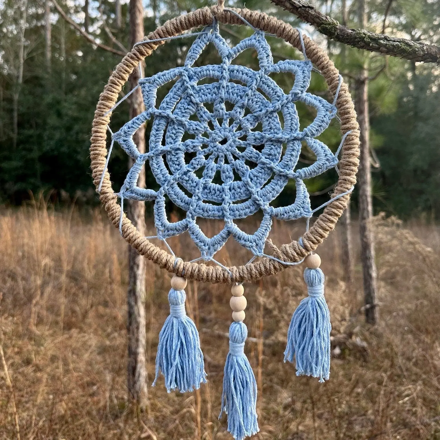 12" Handmade Boho Style Macrame Dreamcatcher - Nursery and Kid's Room Decor -- Light Blue