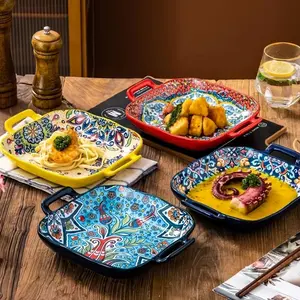 Boho Style Ceramic Serving Plate, 2-Count Exquisite Flower Pattern Plates with Handle, Creative Salad Plates for Home Kitchen, Dining Room & Picnic, Household Modern Ceramic Dinnerware Set, Multicolor Dinner Plates