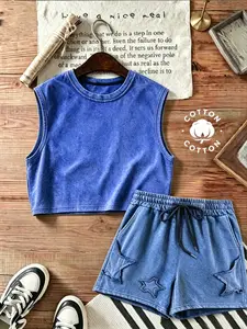 New Summer Unisex Round Neck T-Shirt Set, Loose Fit Sleeveless Vest & Wide Leg Shorts, 3D Star Patch, Cotton Material, Casual Style