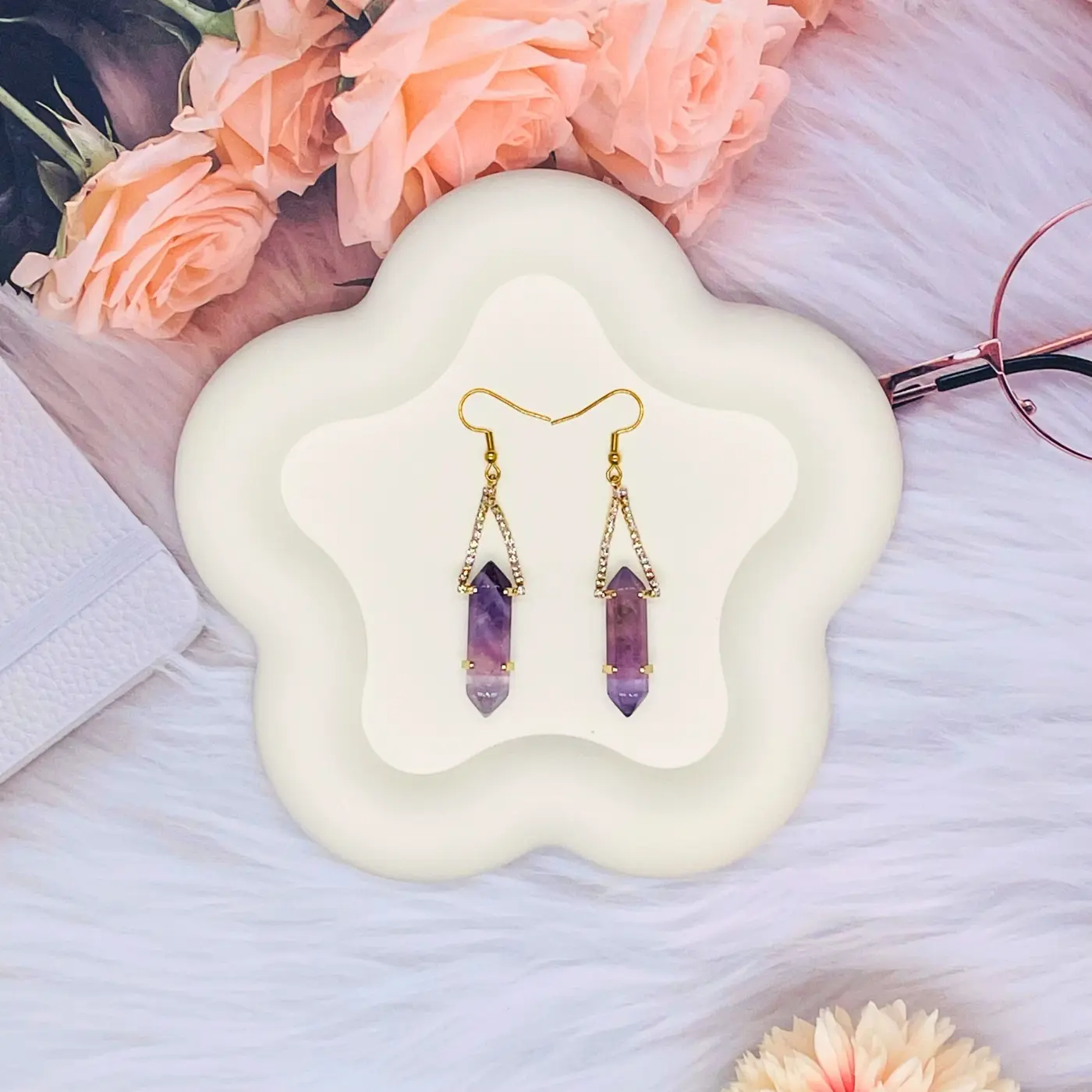 [Magic Crystal] Crystal Point Earrings, Crystal Wand, Crystal Tower, Gemstone, Jewelry, Deals for You Days, Blue Dot, White Turquoise, Gift,  Reiki, Yoga, Energy, Beauty