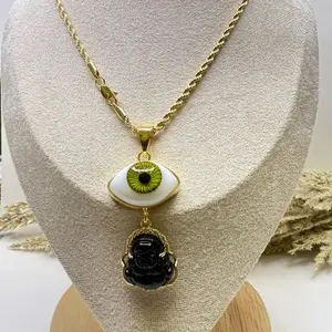 Eye Skull Necklace with Gold Chain and Green & White Eye Pendant for Unique Fashion