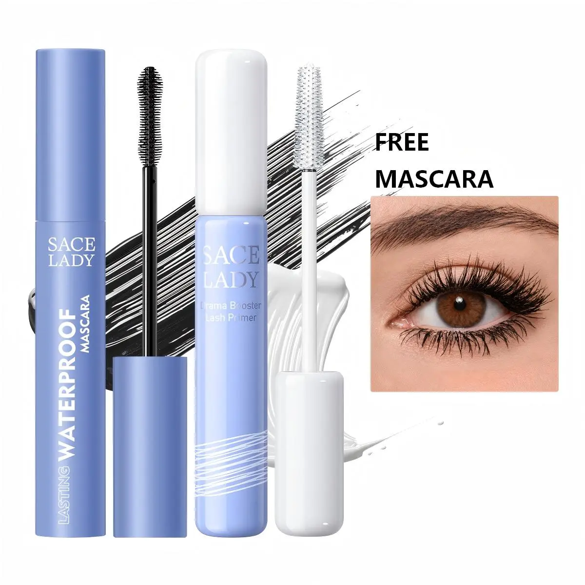 SACE LADY Lash Primer and Waterproof Mascara Set 2-in-1 Fiber Lengthening Volumizing Smudgeproof 24H Long Lasting Curling Eyelashes Makeup Kit