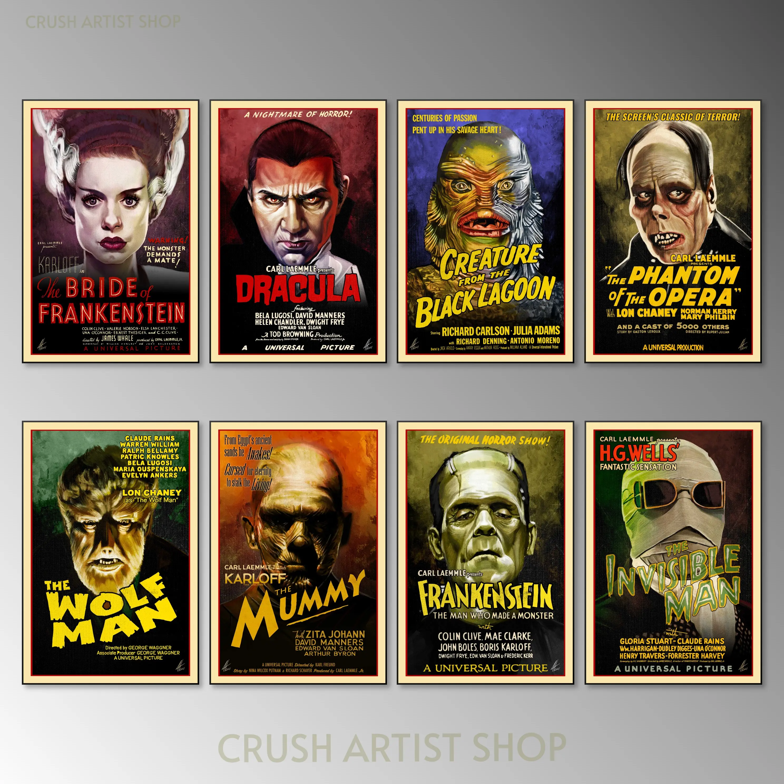 Classic Horror Movie Canvas Poster Universal Monsters Print Halloween Wall Art Vintage Art for Home Decor Solid Wood Frame Waterproof Design Artistic Elegance