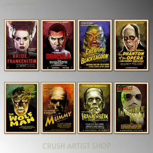 Classic Horror Movie Canvas Poster Universal Monsters Print Halloween Wall Art Vintage Art for Home Decor Solid Wood Frame Waterproof Design Artistic Elegance