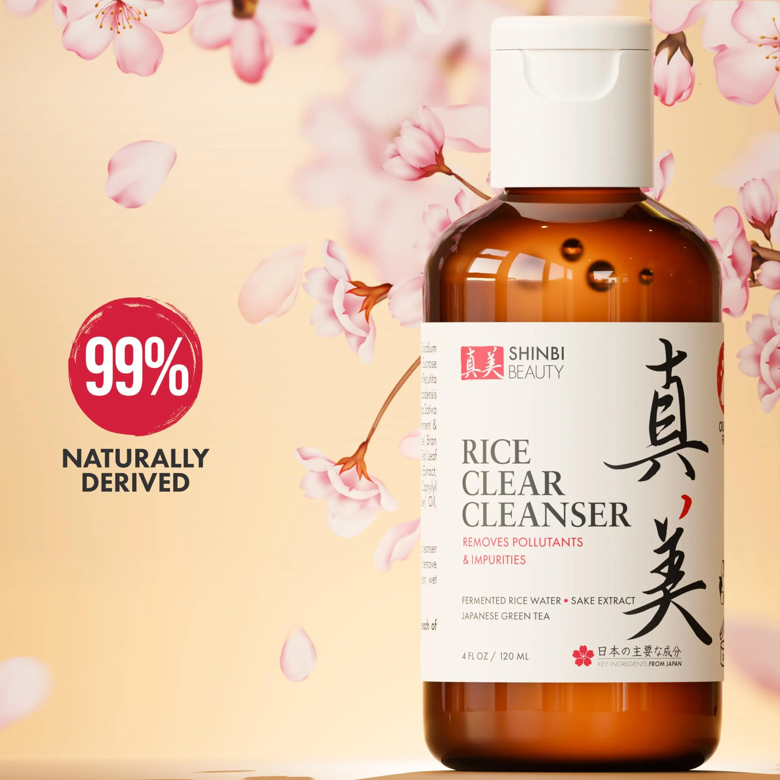 Shinbi Beauty Rice Clear Cleanser - 99% Natural Japanese Skincare with Fermented Rice Water & Green Tea Extract - 4oz Gentle Facial Cleanser for Radiant Skin - Cleansing