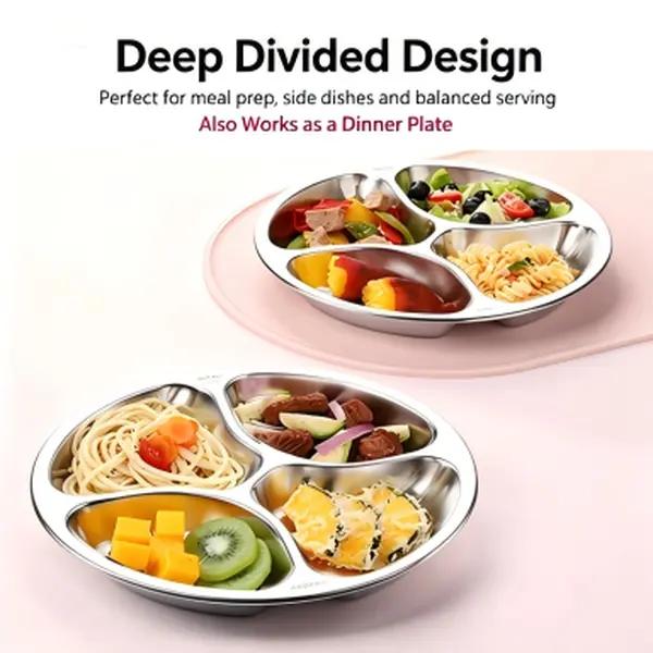 4 Compartment Stainless Steel Divided Plate, Portable Round Food Prep Tray, Reusable Separate Serving Plate for Kitchen Cooking, Camping, Picnic and Meal Prep