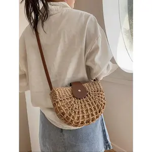 Women's Boho Semicircular Shape Hollow out Straw Bag, Trendy Elegant Crossbody Bag, Chic Summer 2026Crossbody Bag for Summer Beach Outfits, Casual Trendy Bag women shoulder handbags luxury designer tote