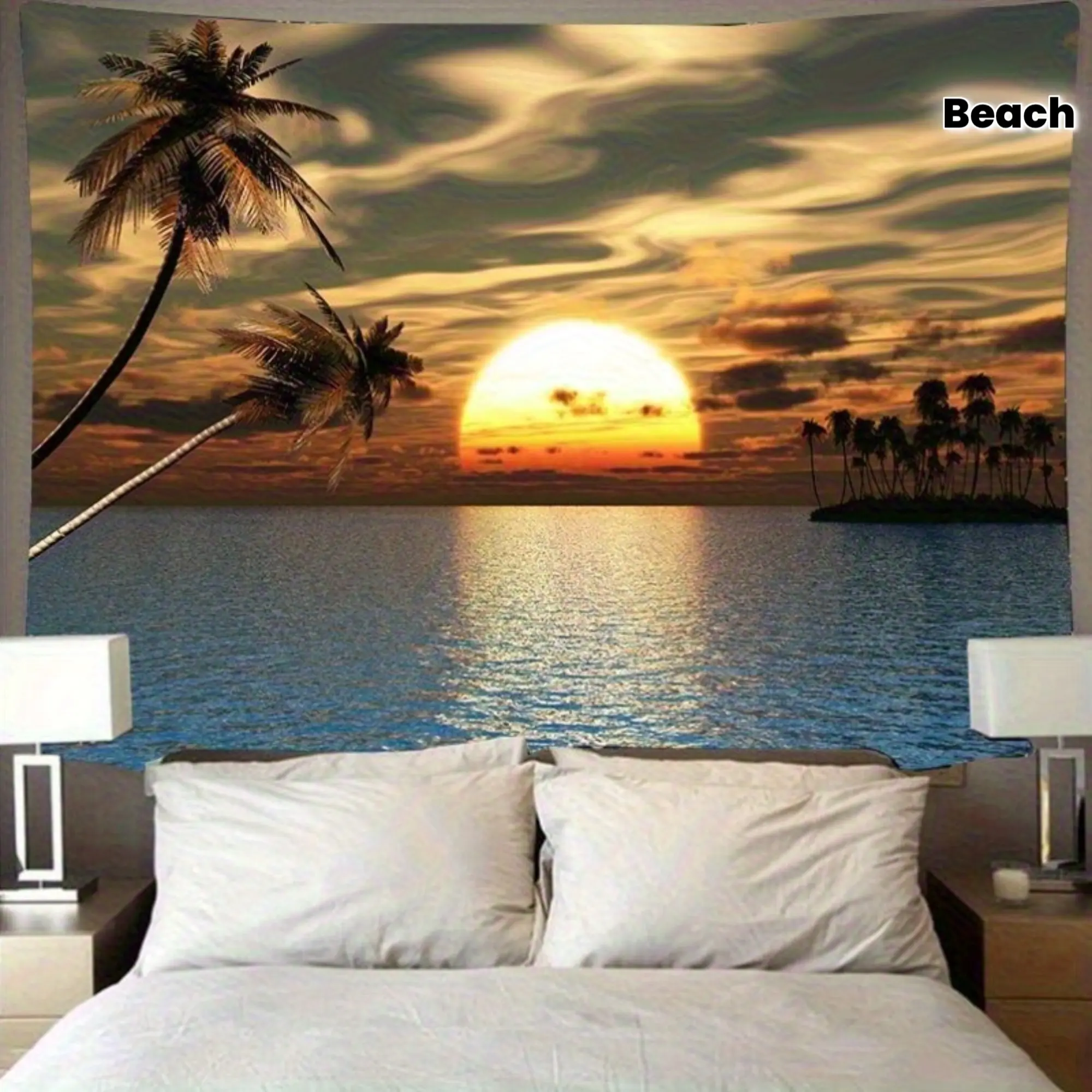 Smooth Rectangular Beach Sunset Ocean Landscape Tapestry, Palm Tree Coastal Wall Hanging with Vivid Colors, Decor Inspo for Living Room-Bedroom Home Decor & Photography Backdrop, Peach White Printed Indoor/Outdoor Art