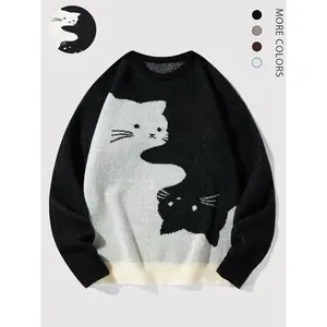 Men’s cartoon cat print crew neck sweater, loose casual fashion long-sleeve jumper for daily outdoor wear, men’s knitwear for all seasons, tops