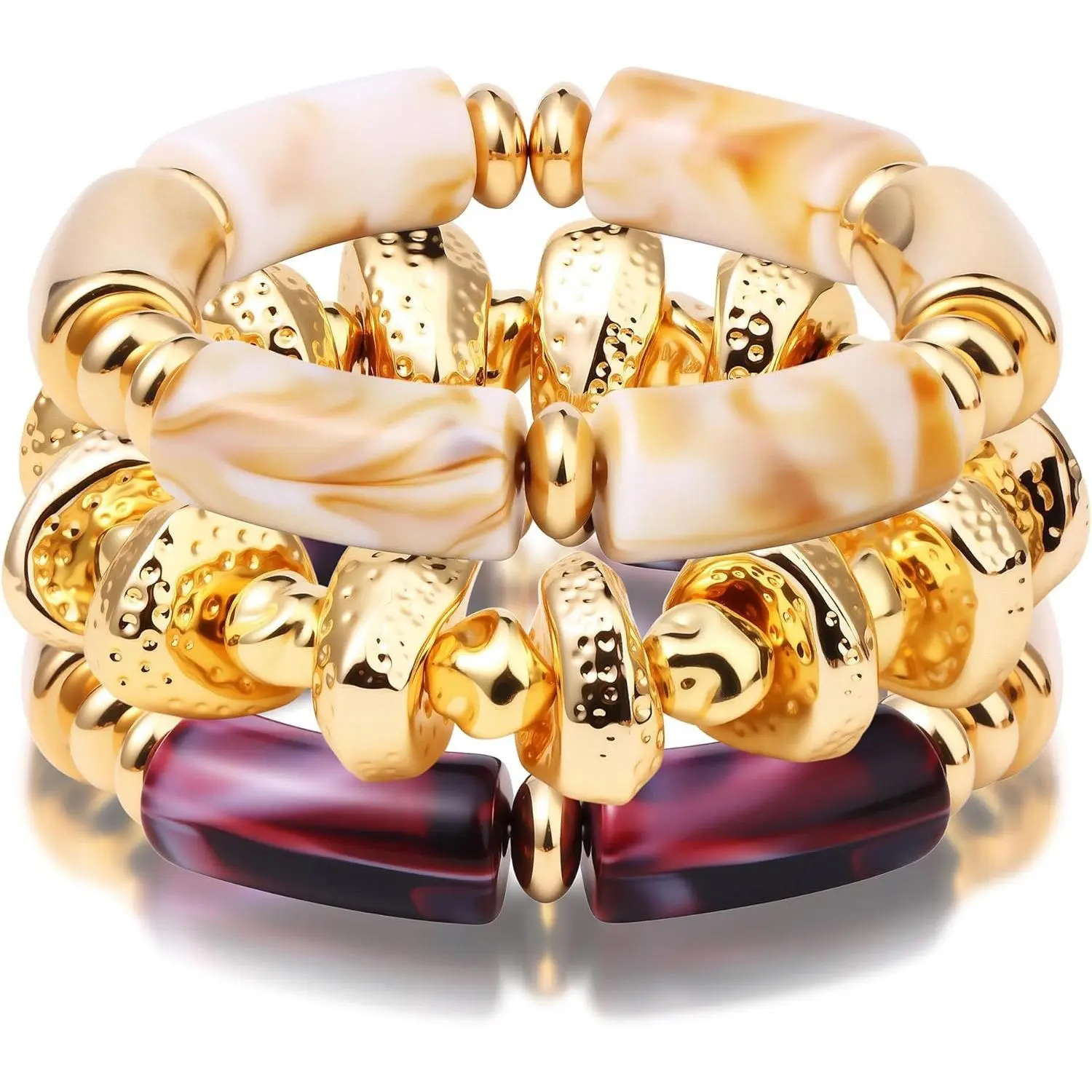 Women's Chunky Acrylic Bangle Bracelets Set - Irregular Resin Bamboo Brown, Stretchy Geometric Thick Statement Pieces, Stackable Trendy Gold Costume Jewelry, Gold Bangle Bracelets, Stackable Bracelet