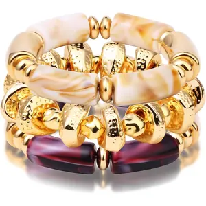 Chunky Acrylic Bangle Bracelets for Women Irregular Resin Bamboo Brown Stretchy Bracelet Stack Geometric Fashions Thick Statement bangles Set