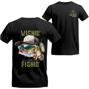 Wishin' I Was Fishin' T-Shirt - Unisex Graphic Cotton Tee Featuring Cool Bass, Sunglasses & Fishing Gear for Outdoor Enthusiasts - Top, Menswear Tshirt Streetwear graphic tees Crewneck men gifts